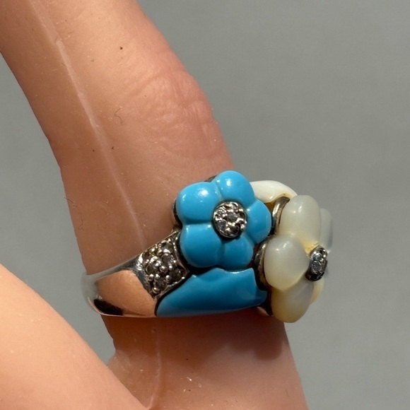 Artisan Sterling Silver Mother-of-Pearl & Turquoise Flower Statement Ring Size 8 - Picture 4 of 13
